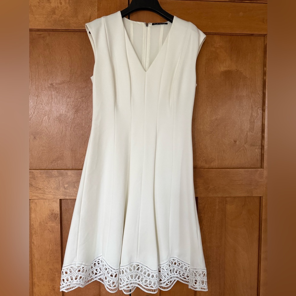 Elie Tahari Cream V-Neck Fit-and-Flare Dress with Crochet Hem